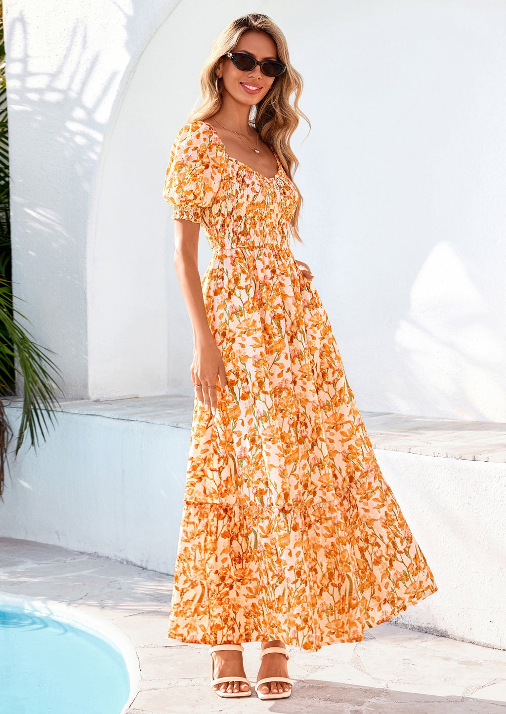 PRETTYGARDEN Women's Floral Boho Maxi Dresses Flowy Short Sleeve A Line Smocked Eyelet Summer Beach Vacation Clothes