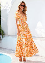 PRETTYGARDEN Women's Floral Boho Maxi Dresses Flowy Short Sleeve A Line Smocked Eyelet Summer Beach Vacation Clothes