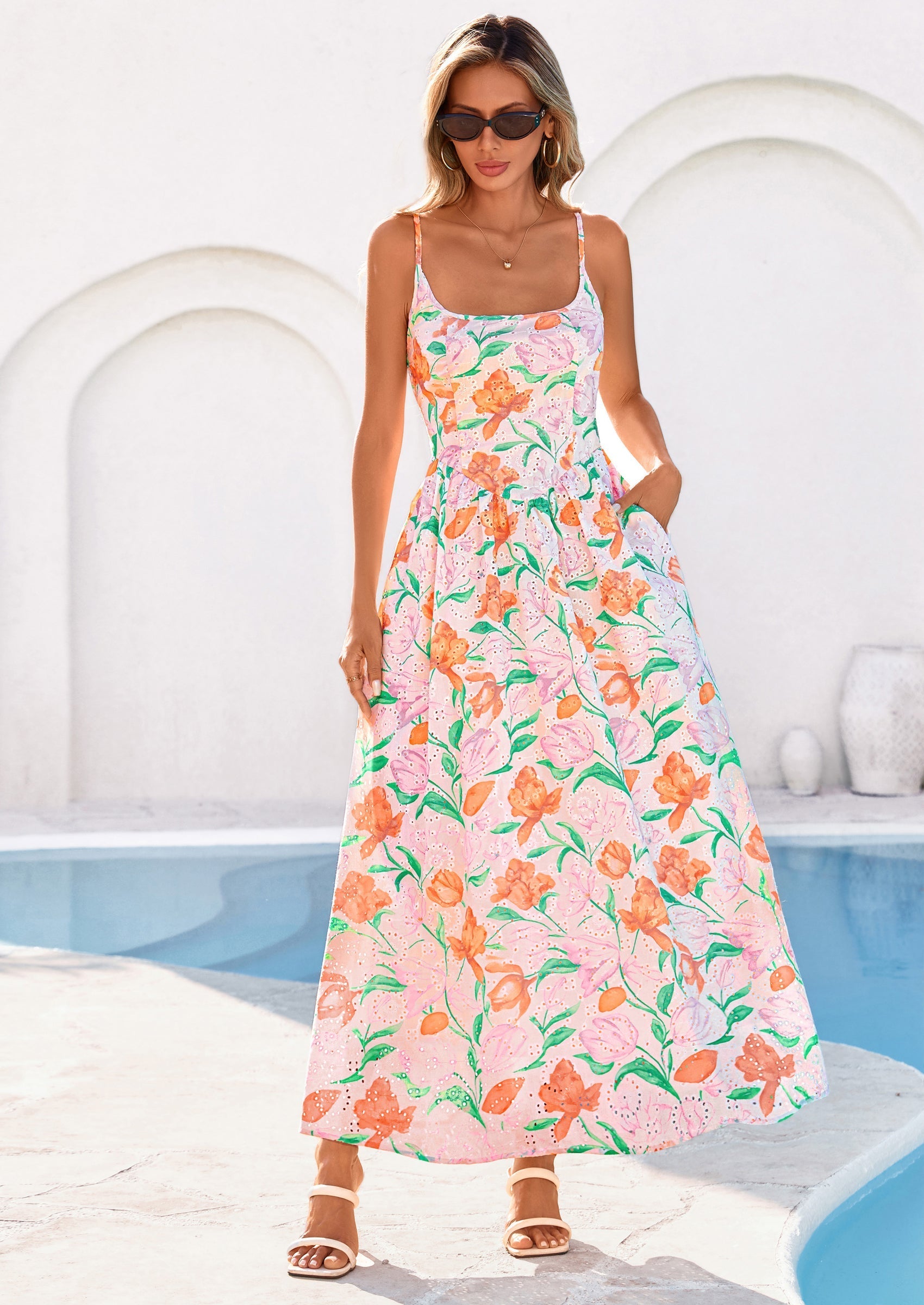PRETTYGARDEN Womens Spring Boho Maxi Dress Eyelet Floral Long Flowy Sundresses Summer Beach Vacation Clothes