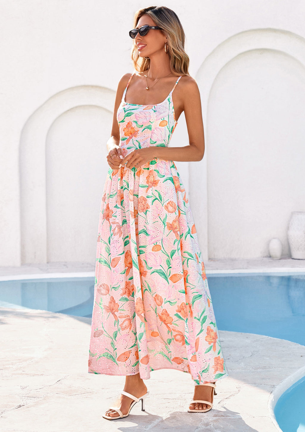PRETTYGARDEN Womens Spring Boho Maxi Dress Eyelet Floral Long Flowy Sundresses Summer Beach Vacation Clothes