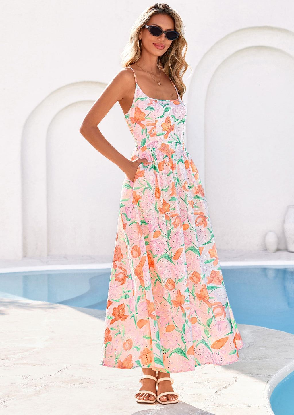 PRETTYGARDEN Womens Spring Boho Maxi Dress Eyelet Floral Long Flowy Sundresses Summer Beach Vacation Clothes