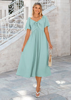 PRETTYGARDEN Summer Dress for Women Casual Short Sleeve Bow Tie V Neck Ruffle Midi Flowy Dresses