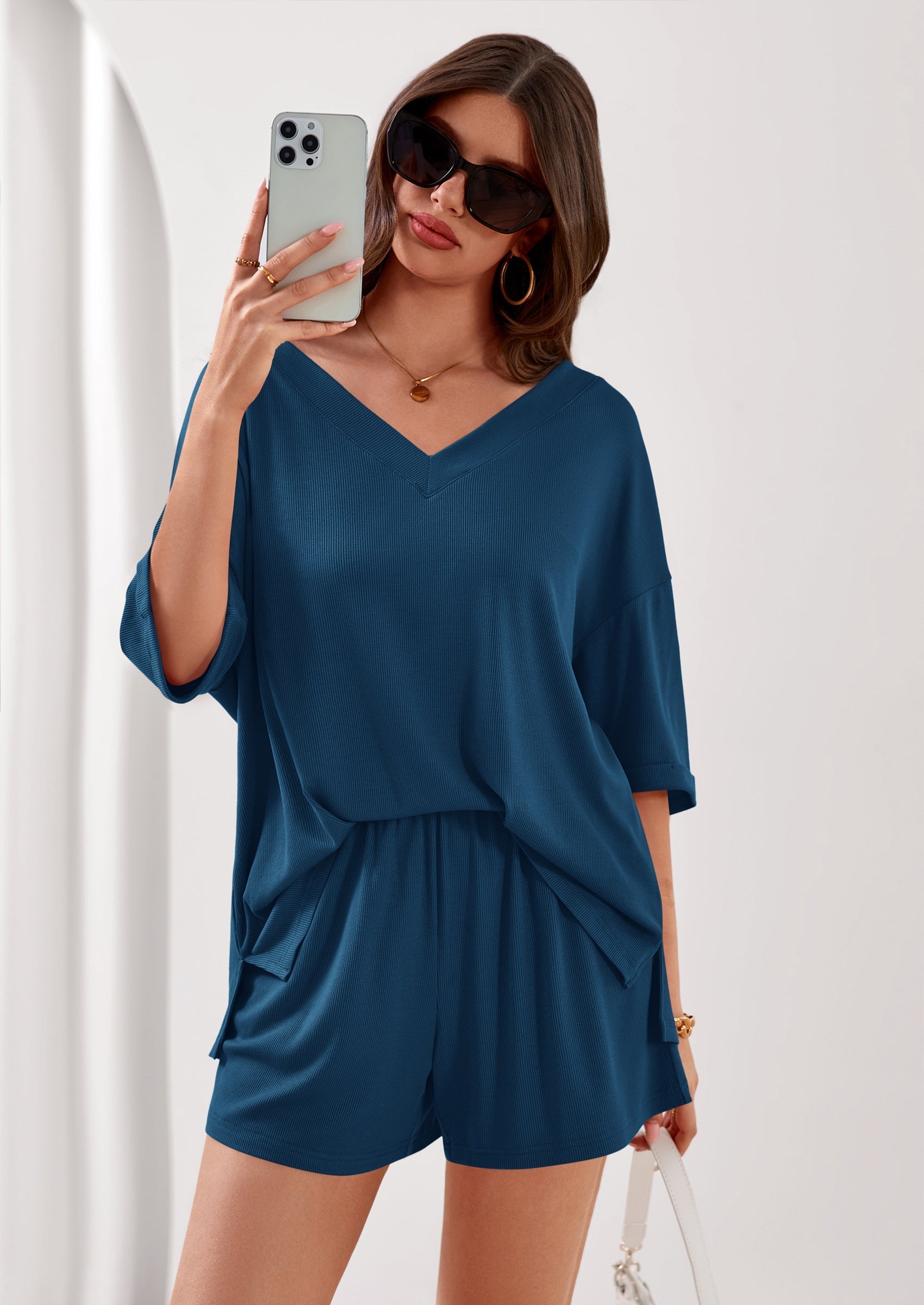 PRETTYGARDEN Womens 2 Piece Sets Oversized Vneck Half Sleeve Tops Shorts Lounge Set Casual Summer Travel Beach Outfits