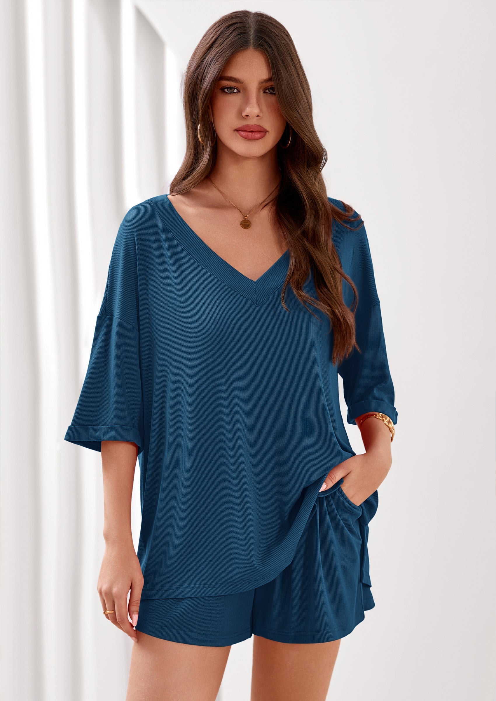 PRETTYGARDEN Womens 2 Piece Sets Oversized Vneck Half Sleeve Tops Shorts Lounge Set Casual Summer Travel Beach Outfits