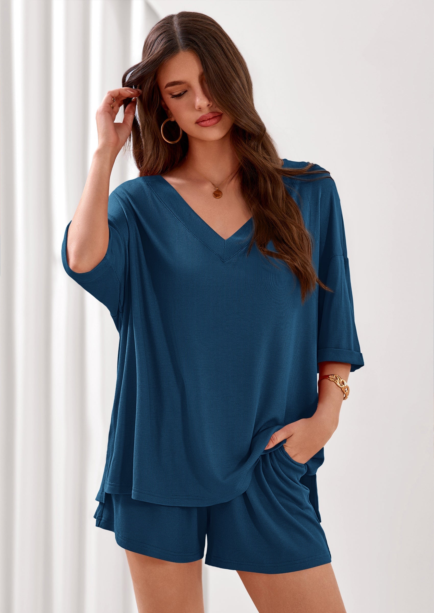 PRETTYGARDEN Womens 2 Piece Sets Oversized Vneck Half Sleeve Tops Shorts Lounge Set Casual Summer Travel Beach Outfits