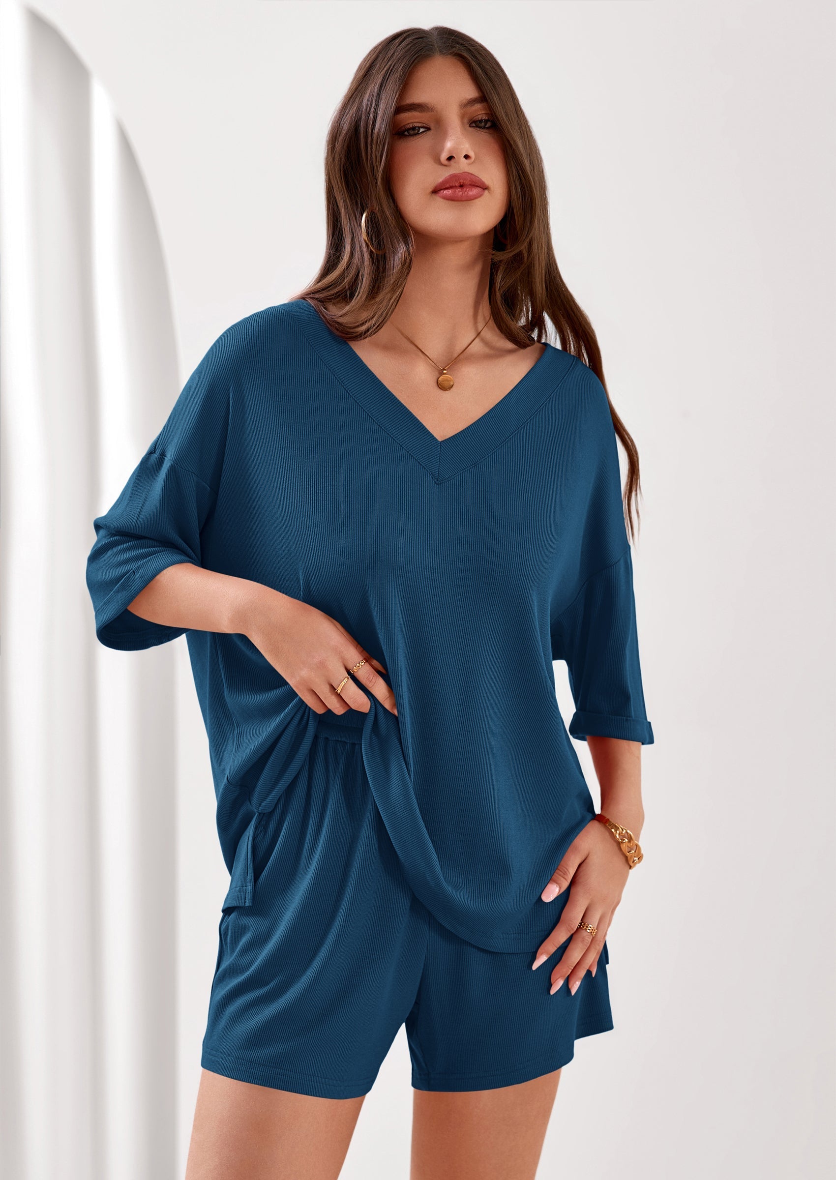 PRETTYGARDEN Womens 2 Piece Sets Oversized Vneck Half Sleeve Tops Shorts Lounge Set Casual Summer Travel Beach Outfits