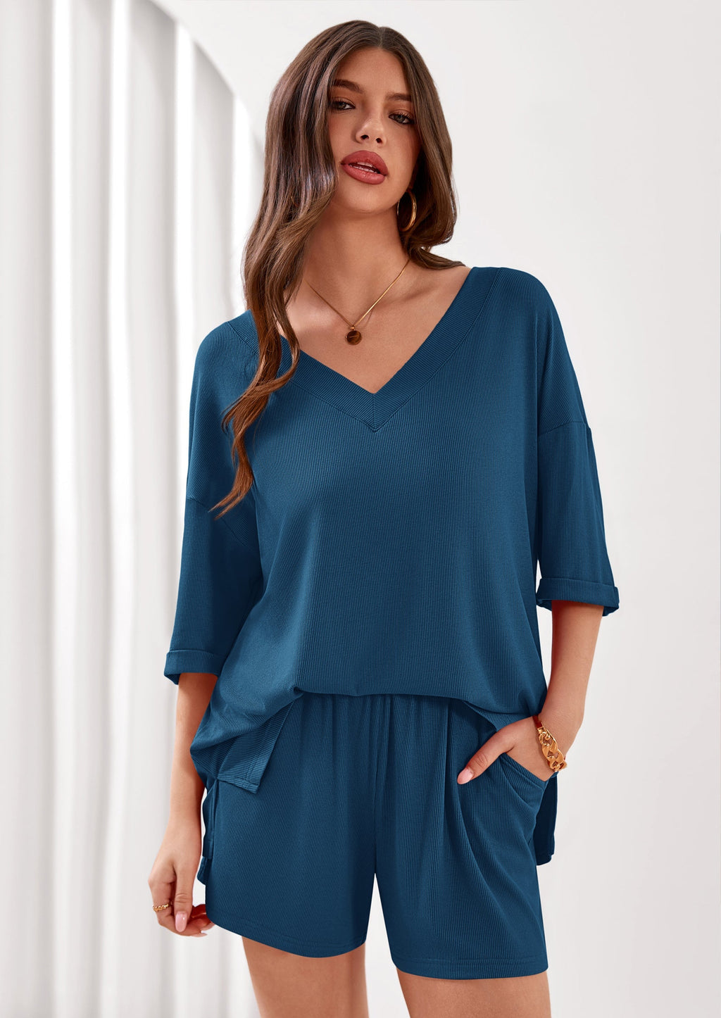 PRETTYGARDEN Womens 2 Piece Sets Oversized Vneck Half Sleeve Tops Shorts Lounge Set Casual Summer Travel Beach Outfits