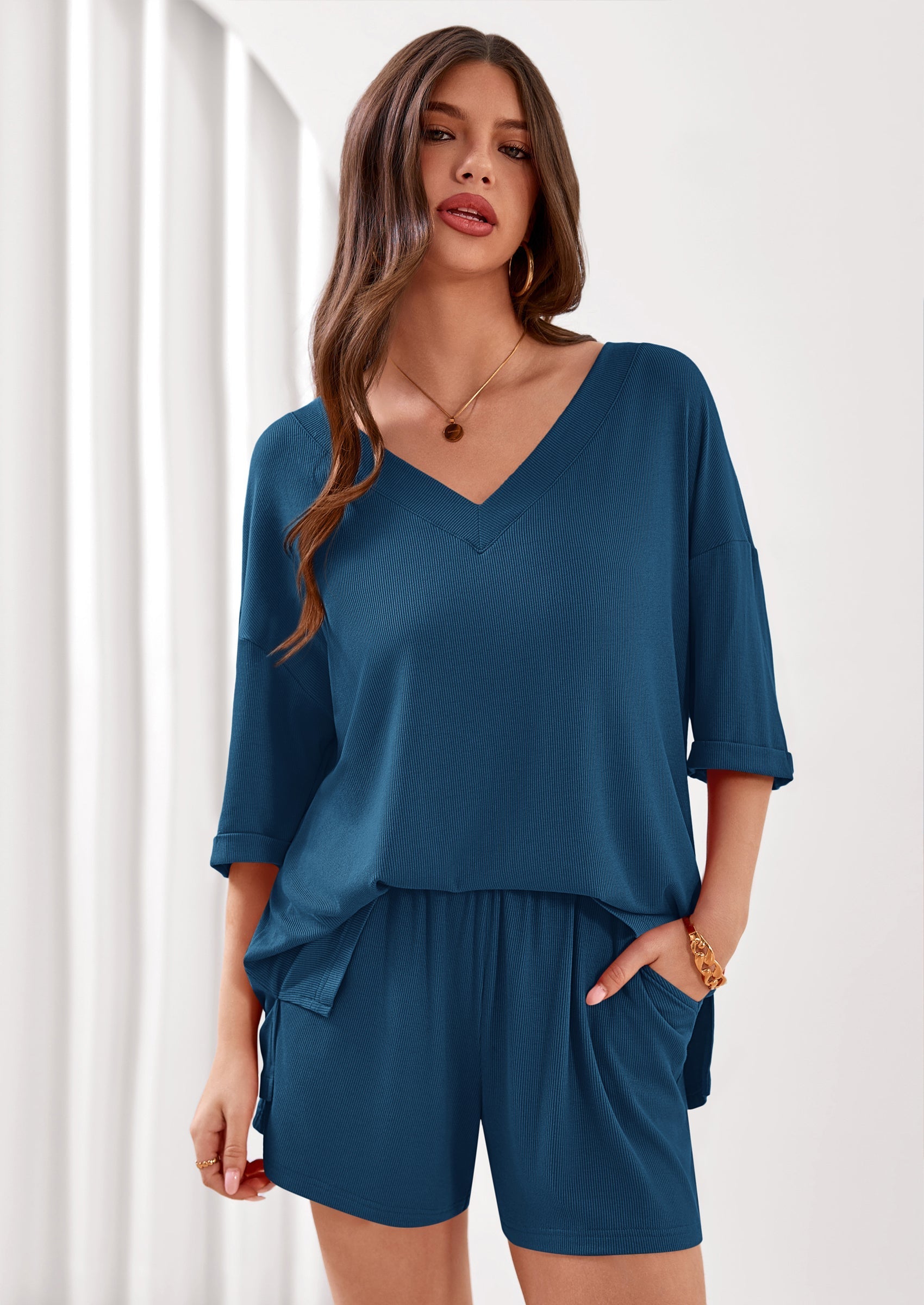 PRETTYGARDEN Womens 2 Piece Sets Oversized Vneck Half Sleeve Tops Shorts Lounge Set Casual Summer Travel Beach Outfits