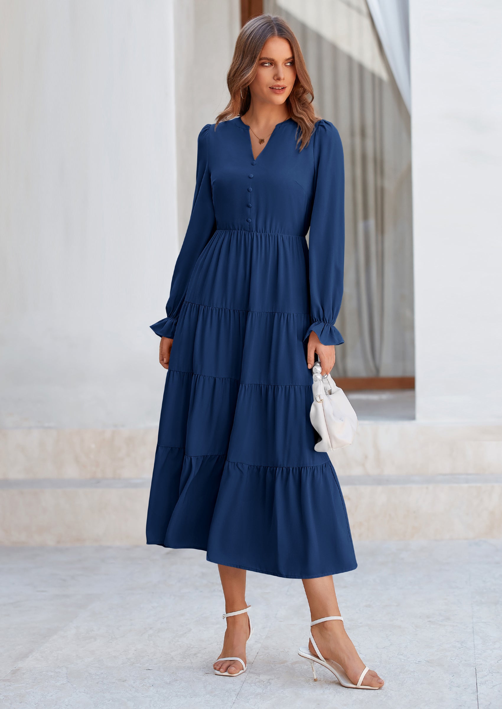 PRETTYGARDEN Women Fall Long Sleeve Smocked Maxi Dress Casual Square Neck Swiss Dot Tiered Ruffle Flowy Spring Pocket Dresses