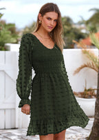BTFBM Spring Dresses for Women 2026 Long Sleeve Casual V Neck Swiss Dot Smocked Ruffle Chiffon Flowy Mini Summer Dress