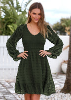 BTFBM Spring Dresses for Women 2026 Long Sleeve Casual V Neck Swiss Dot Smocked Ruffle Chiffon Flowy Mini Summer Dress