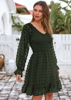 BTFBM Spring Dresses for Women 2026 Long Sleeve Casual V Neck Swiss Dot Smocked Ruffle Chiffon Flowy Mini Summer Dress