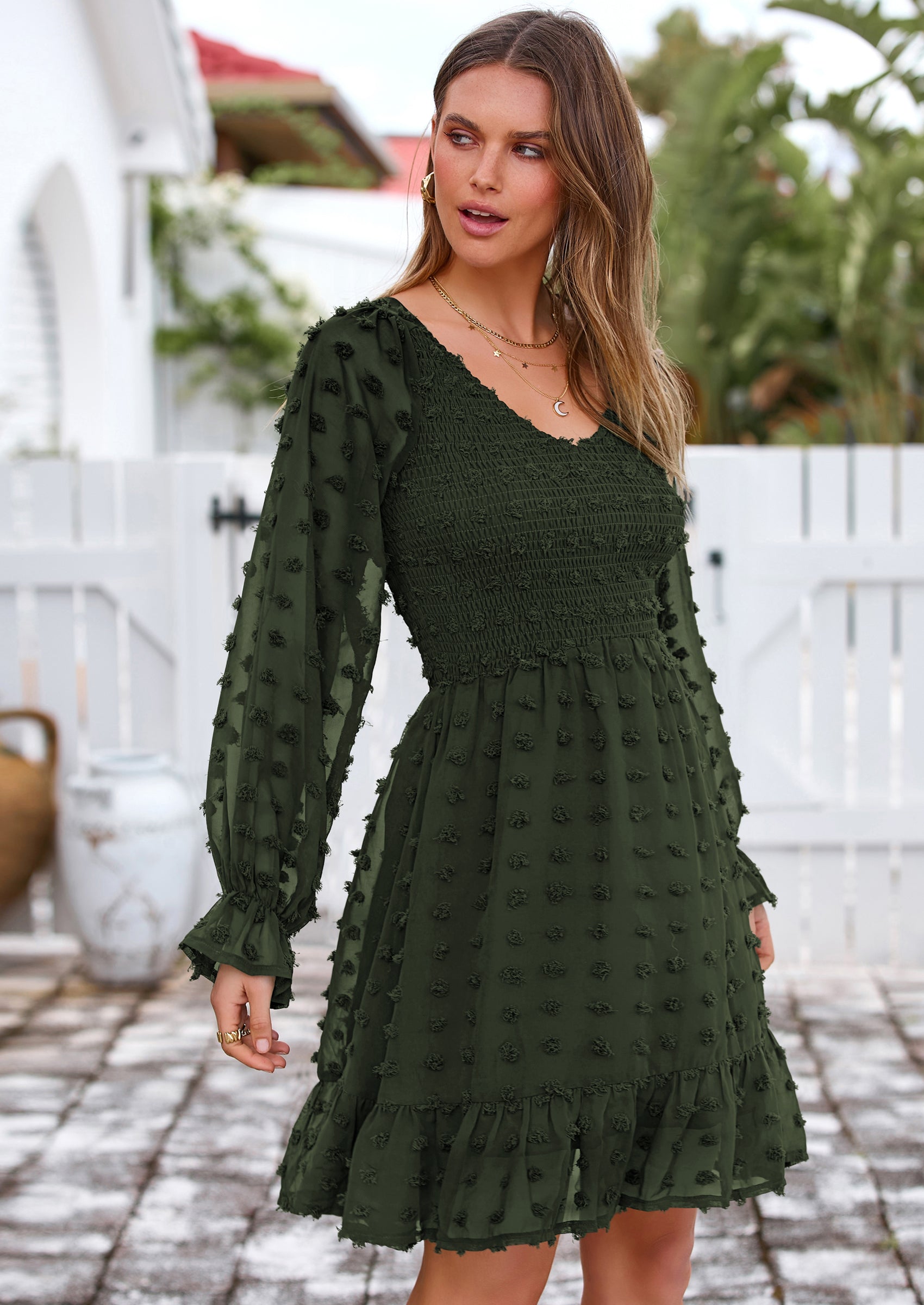 BTFBM Spring Dresses for Women 2026 Long Sleeve Casual V Neck Swiss Dot Smocked Ruffle Chiffon Flowy Mini Summer Dress