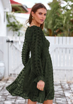 BTFBM Spring Dresses for Women 2026 Long Sleeve Casual V Neck Swiss Dot Smocked Ruffle Chiffon Flowy Mini Summer Dress