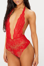Lace Extreme Plunge French Knicker Shape Bodysuit in Red