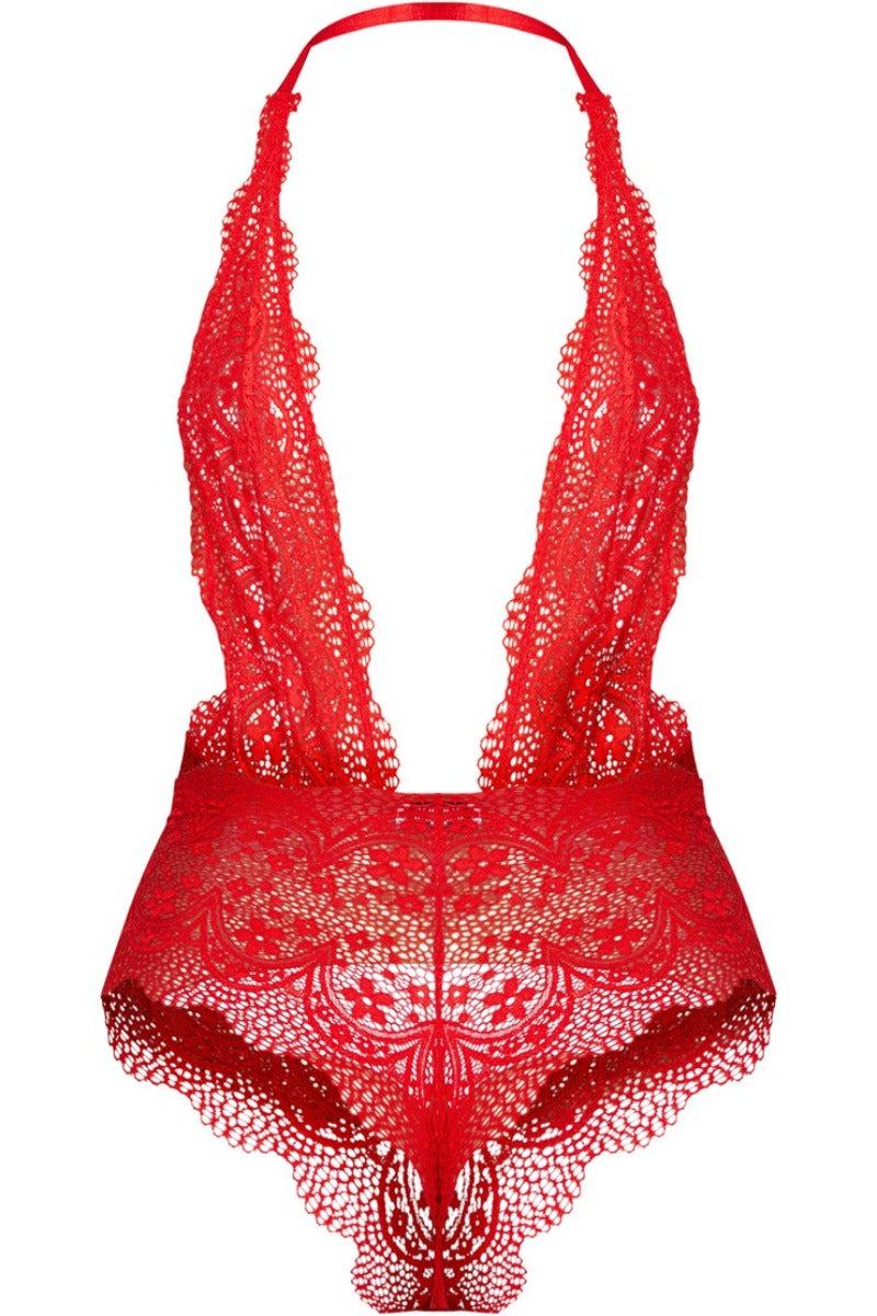 Lace Extreme Plunge French Knicker Shape Bodysuit in Red