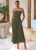 BTFBM Summer Maxi Dresses for Women Strapless Ruched Tube Top Beach Vacation Spring Wedding Guest Dress Pockets