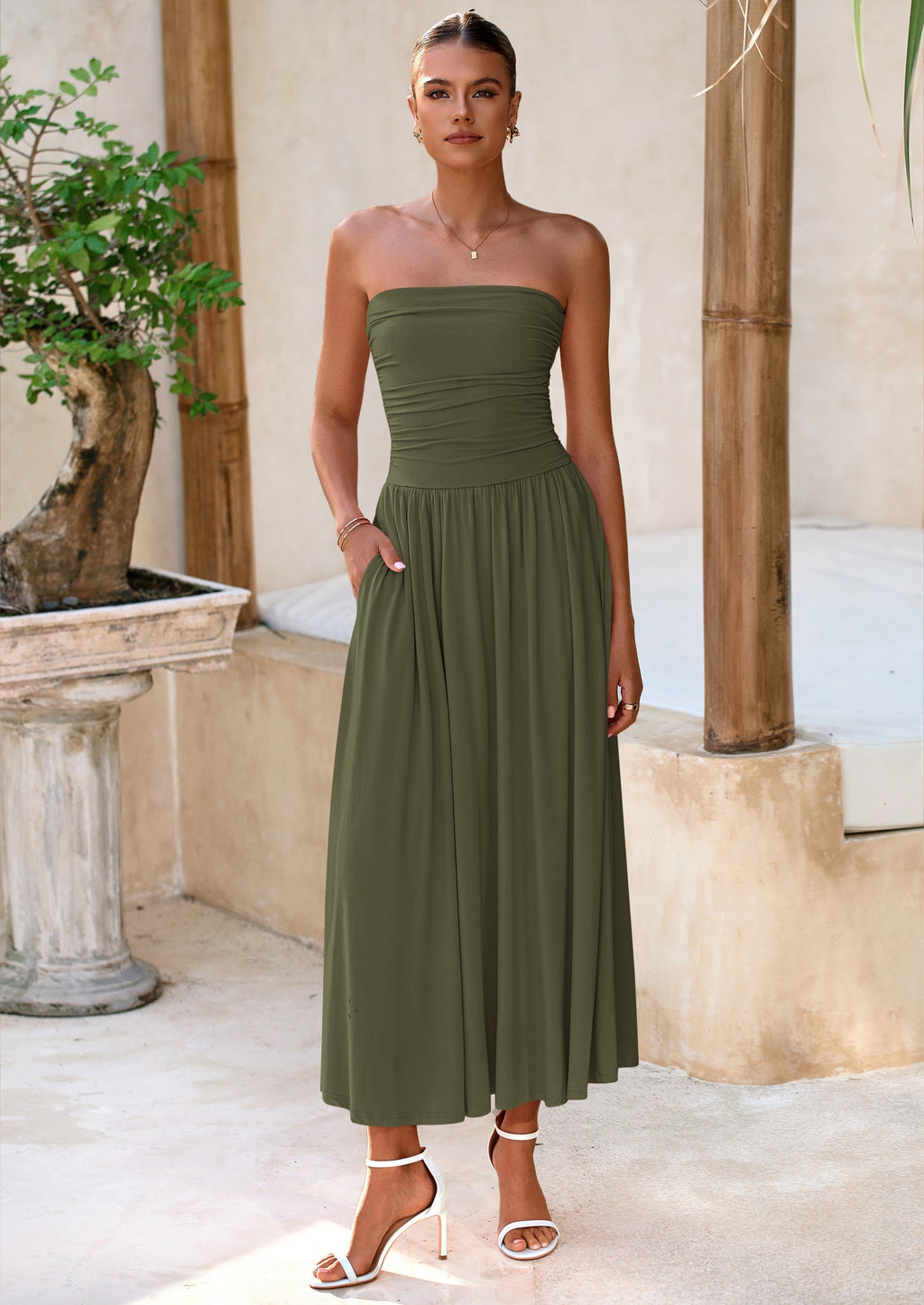 BTFBM Summer Maxi Dresses for Women Strapless Ruched Tube Top Beach Vacation Spring Wedding Guest Dress Pockets