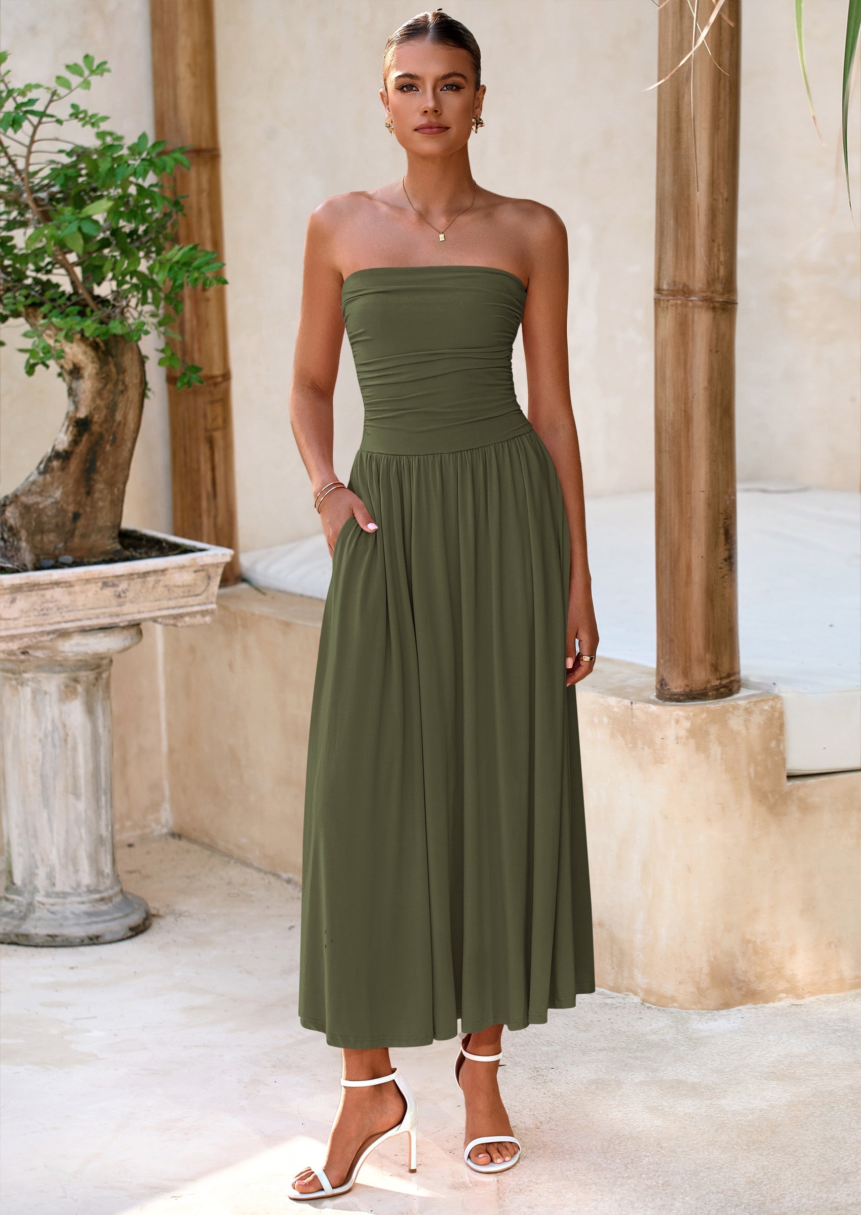 BTFBM Summer Maxi Dresses for Women Strapless Ruched Tube Top Beach Vacation Spring Wedding Guest Dress Pockets