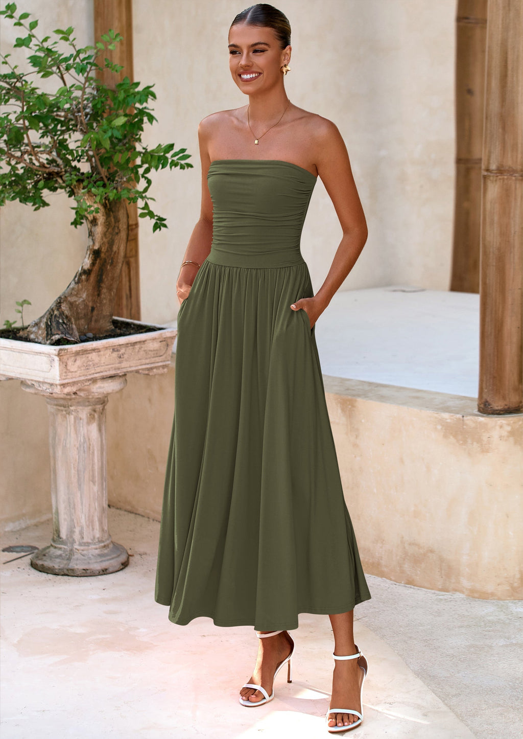 BTFBM Summer Maxi Dresses for Women Strapless Ruched Tube Top Beach Vacation Spring Wedding Guest Dress Pockets