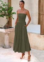 BTFBM Summer Maxi Dresses for Women Strapless Ruched Tube Top Beach Vacation Spring Wedding Guest Dress Pockets