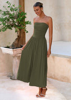 BTFBM Summer Maxi Dresses for Women Strapless Ruched Tube Top Beach Vacation Spring Wedding Guest Dress Pockets
