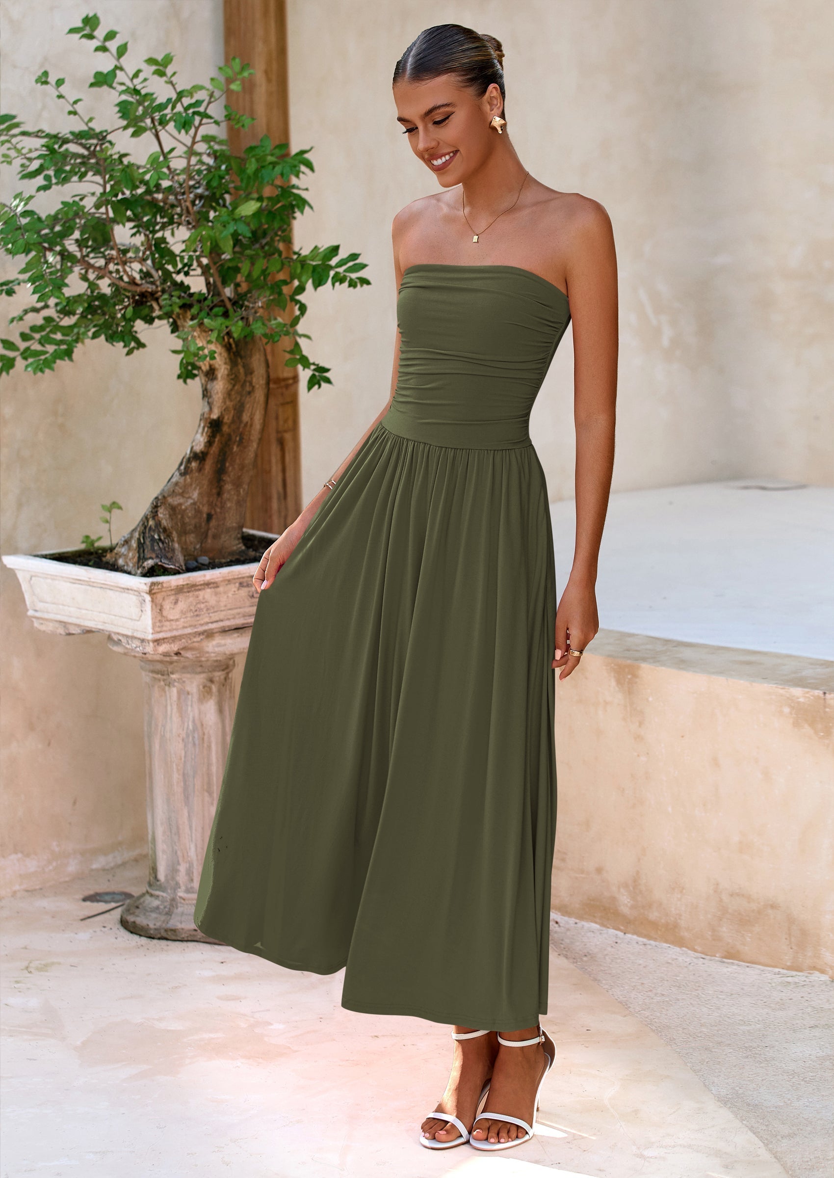 BTFBM Summer Maxi Dresses for Women Strapless Ruched Tube Top Beach Vacation Spring Wedding Guest Dress Pockets