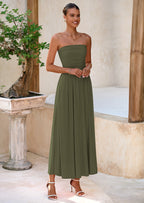 BTFBM Summer Maxi Dresses for Women Strapless Ruched Tube Top Beach Vacation Spring Wedding Guest Dress Pockets