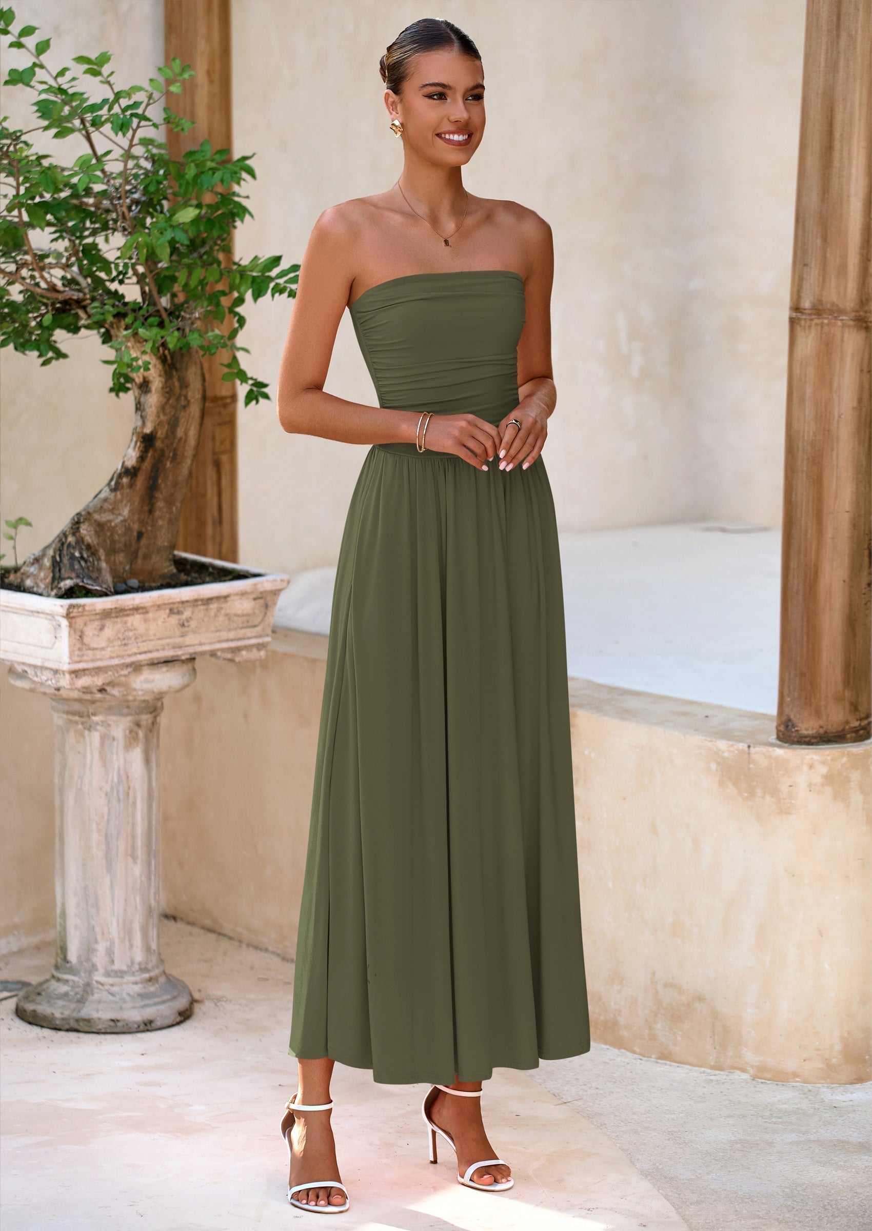BTFBM Summer Maxi Dresses for Women Strapless Ruched Tube Top Beach Vacation Spring Wedding Guest Dress Pockets