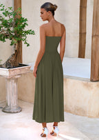 BTFBM Summer Maxi Dresses for Women Strapless Ruched Tube Top Beach Vacation Spring Wedding Guest Dress Pockets