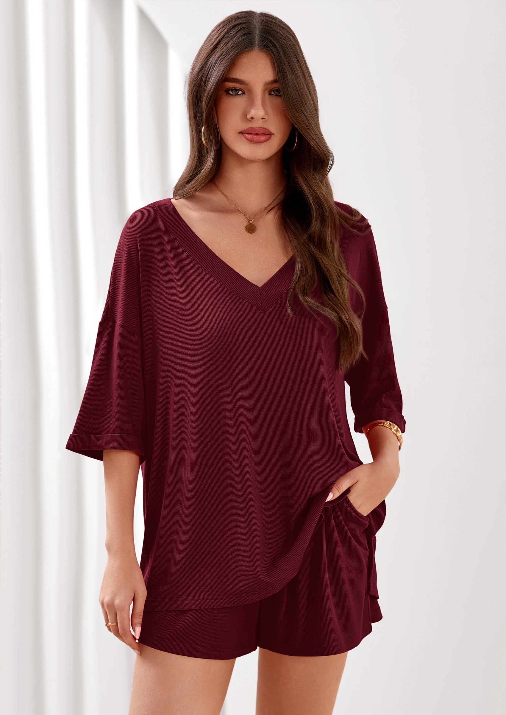 PRETTYGARDEN Womens 2 Piece Sets Oversized Vneck Half Sleeve Tops Shorts Lounge Set Casual Summer Travel Beach Outfits
