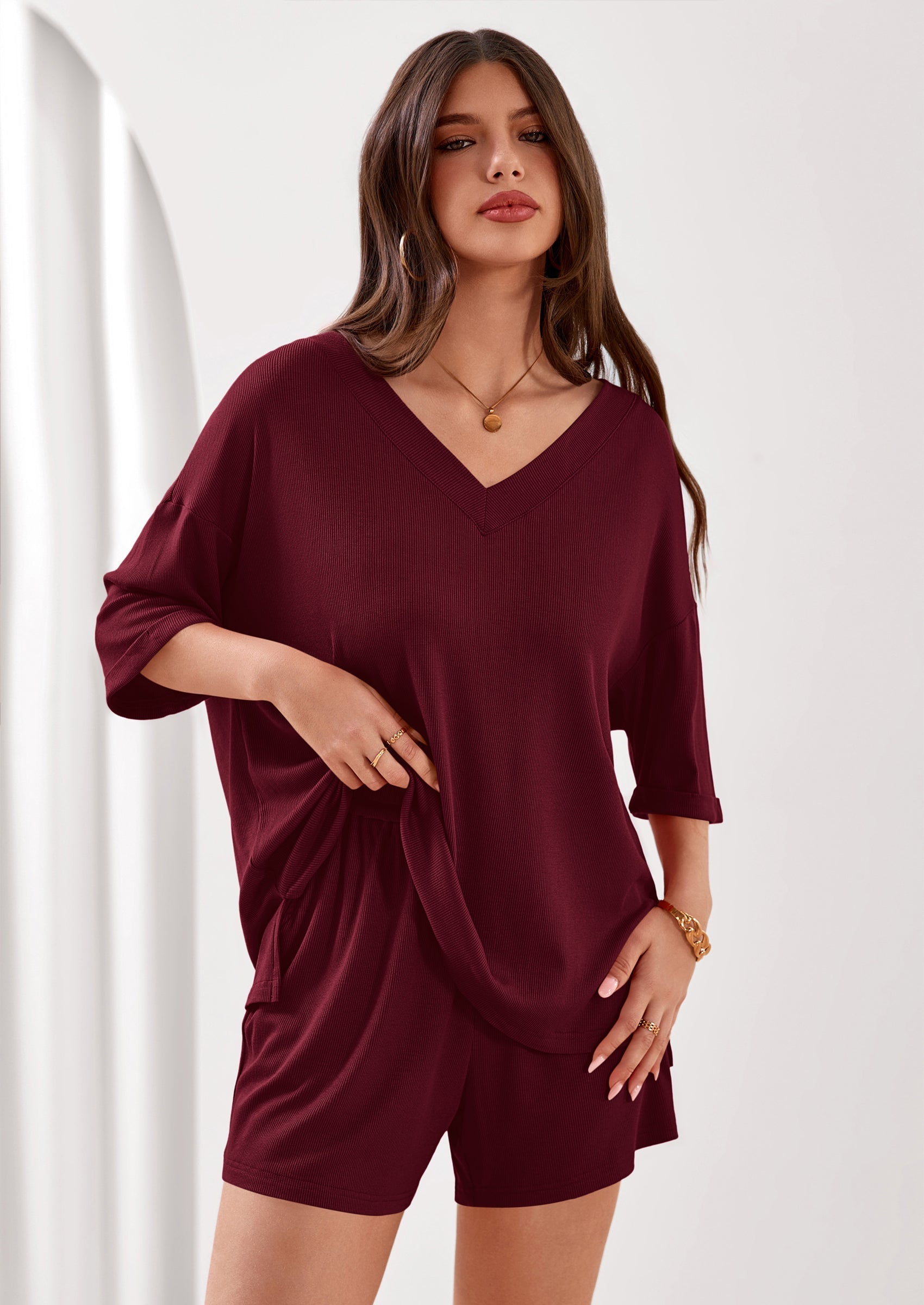 PRETTYGARDEN Womens 2 Piece Sets Oversized Vneck Half Sleeve Tops Shorts Lounge Set Casual Summer Travel Beach Outfits