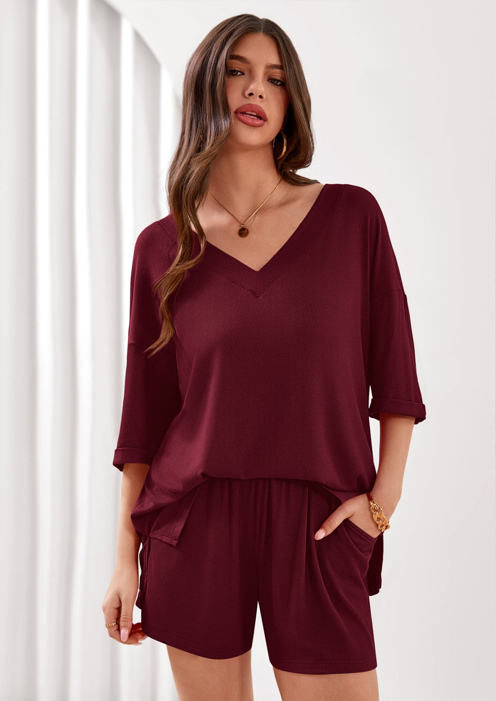 PRETTYGARDEN Womens 2 Piece Sets Oversized Vneck Half Sleeve Tops Shorts Lounge Set Casual Summer Travel Beach Outfits