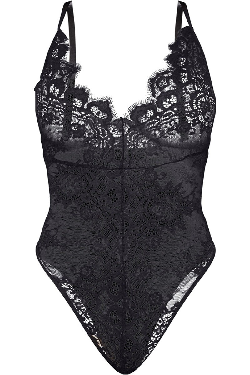Lace Plunge Bodysuit in Black