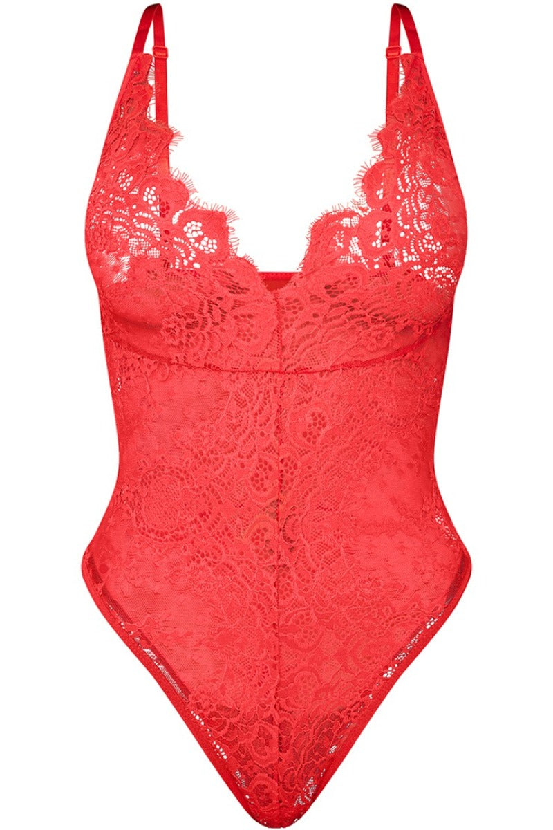 Lace Plunge Bodysuit in Red