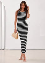 PRETTYGARDEN Sundresses for Women Summer Striped Knit Side Slit Spring Fashion Bodycon Maxi Dress Beach Vacation Clothes