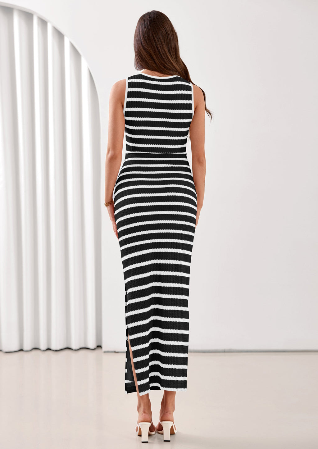 PRETTYGARDEN Sundresses for Women Summer Striped Knit Side Slit Spring Fashion Bodycon Maxi Dress Beach Vacation Clothes