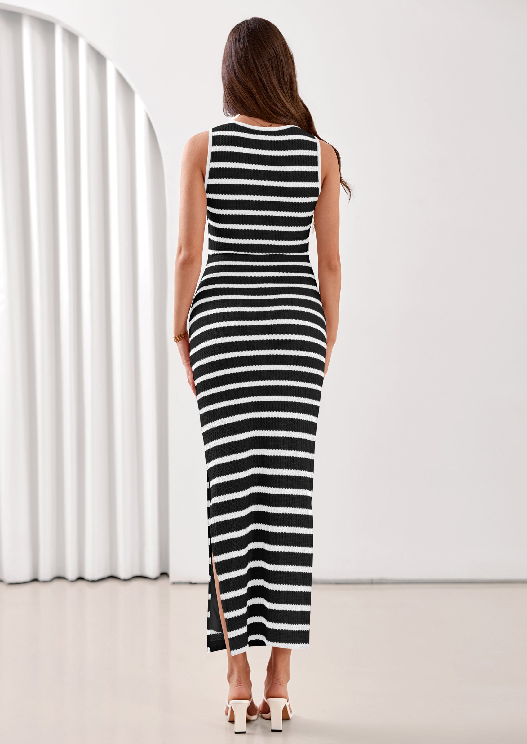 PRETTYGARDEN Sundresses for Women Summer Striped Knit Side Slit Spring Fashion Bodycon Maxi Dress Beach Vacation Clothes