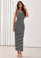 PRETTYGARDEN Sundresses for Women Summer Striped Knit Side Slit Spring Fashion Bodycon Maxi Dress Beach Vacation Clothes
