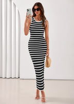 PRETTYGARDEN Sundresses for Women Summer Striped Knit Side Slit Spring Fashion Bodycon Maxi Dress Beach Vacation Clothes