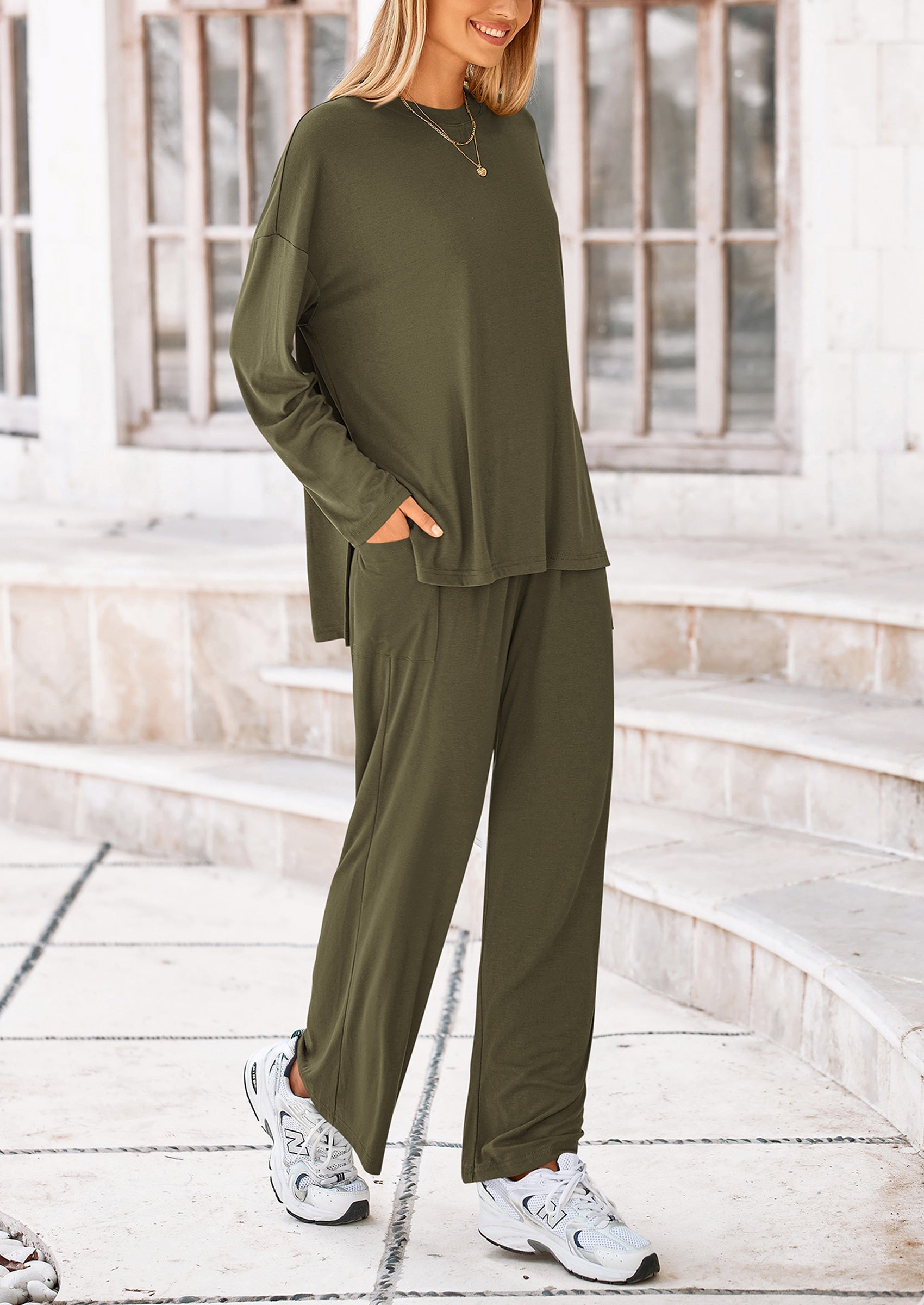 PRETTYGARDEN Women's Two Piece Lounge Sets Matching Long Sleeve Shirts Wide Leg Pants Tracksuits Travel Outfits Fall Clothes