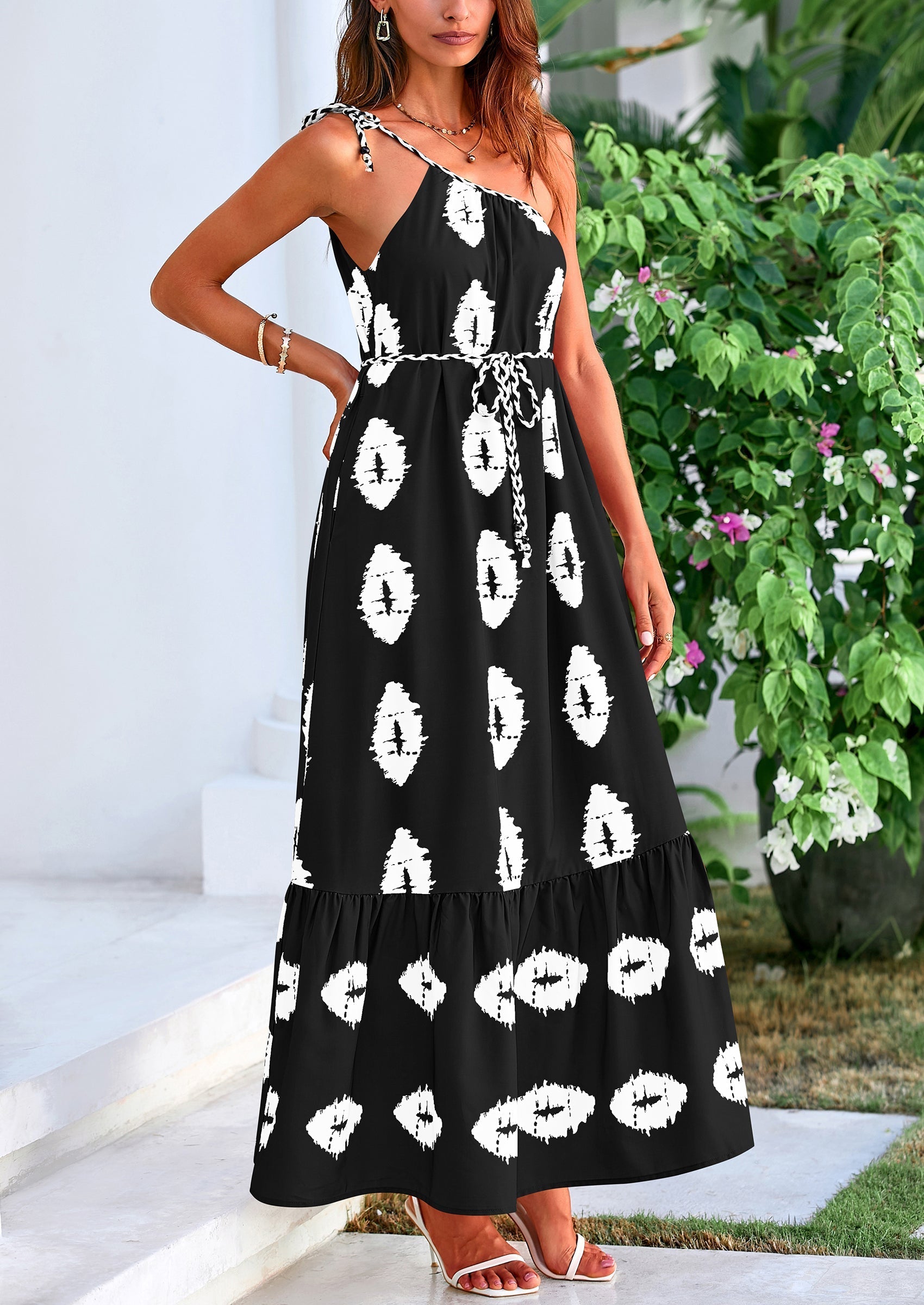 PRETTYGARDEN Women's Summer Maxi Dresses One Shoulder Printed Flowy Boho Beach Vacation Long Sundress
