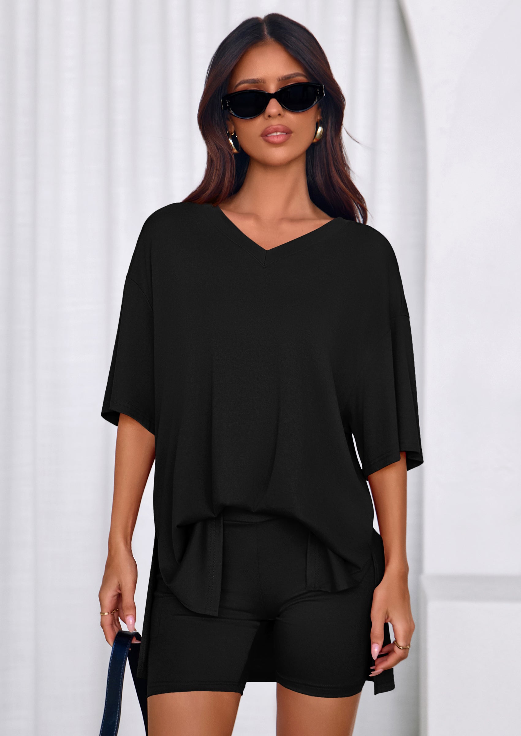 PRETTYGARDEN 2 Piece Sets for Women Summer Lounge Short Set Spring Matching Biker Shorts V Neck Oversized Shirt Clothing