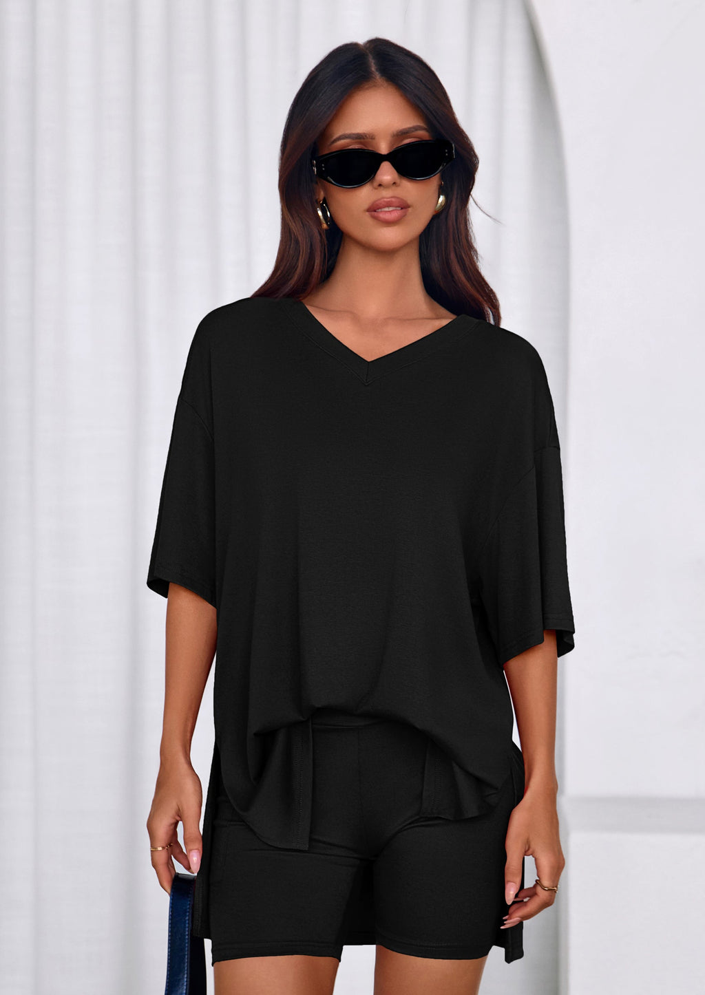 PRETTYGARDEN 2 Piece Sets for Women Summer Lounge Short Set Spring Matching Biker Shorts V Neck Oversized Shirt Clothing