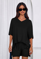 PRETTYGARDEN 2 Piece Sets for Women Summer Lounge Short Set Spring Matching Biker Shorts V Neck Oversized Shirt Clothing