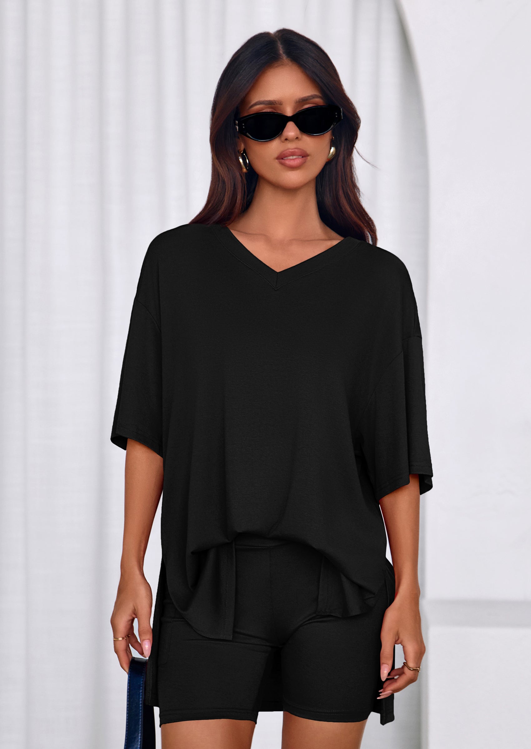 PRETTYGARDEN 2 Piece Sets for Women Summer Lounge Short Set Spring Matching Biker Shorts V Neck Oversized Shirt Clothing