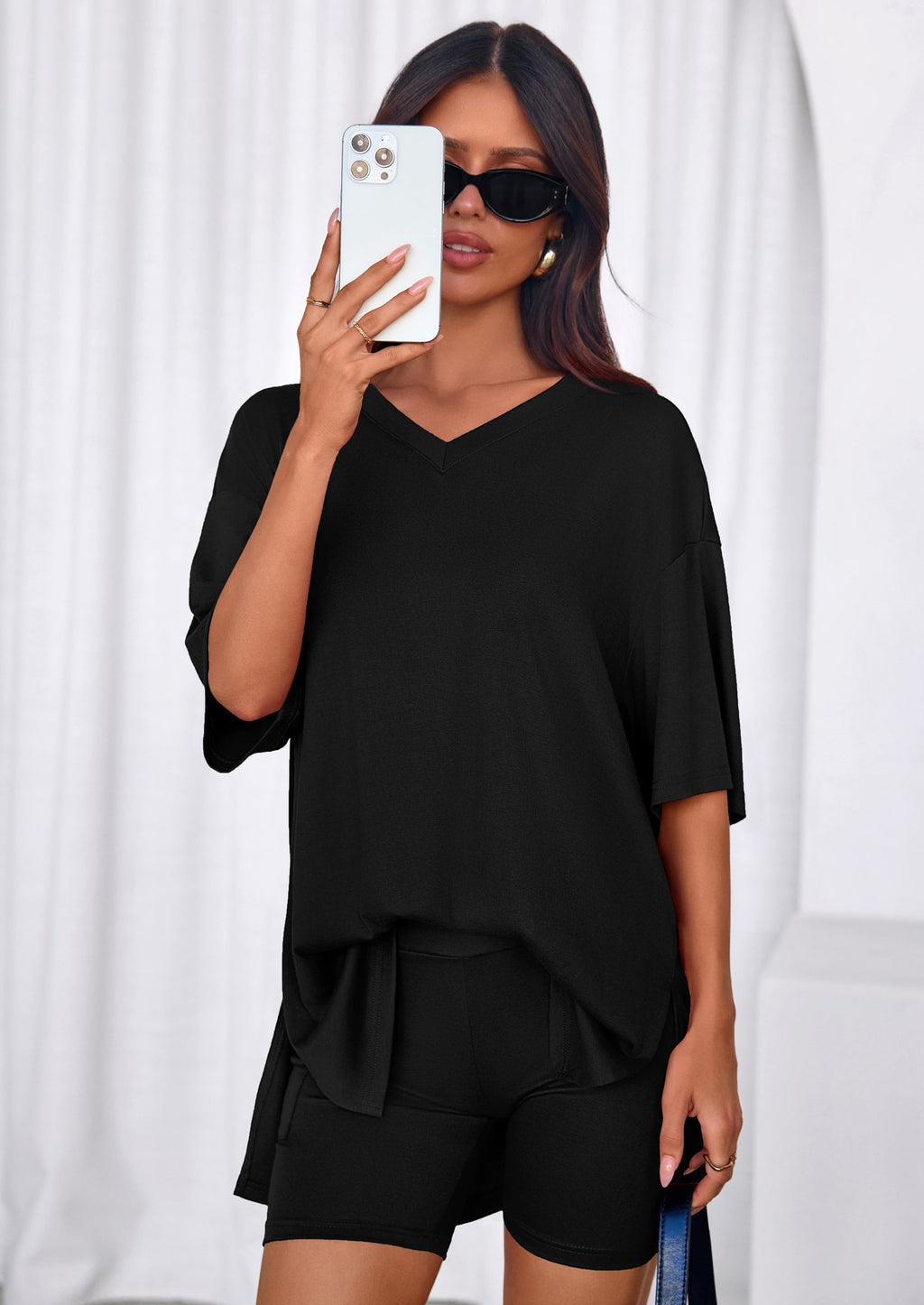 PRETTYGARDEN 2 Piece Sets for Women Summer Lounge Short Set Spring Matching Biker Shorts V Neck Oversized Shirt Clothing