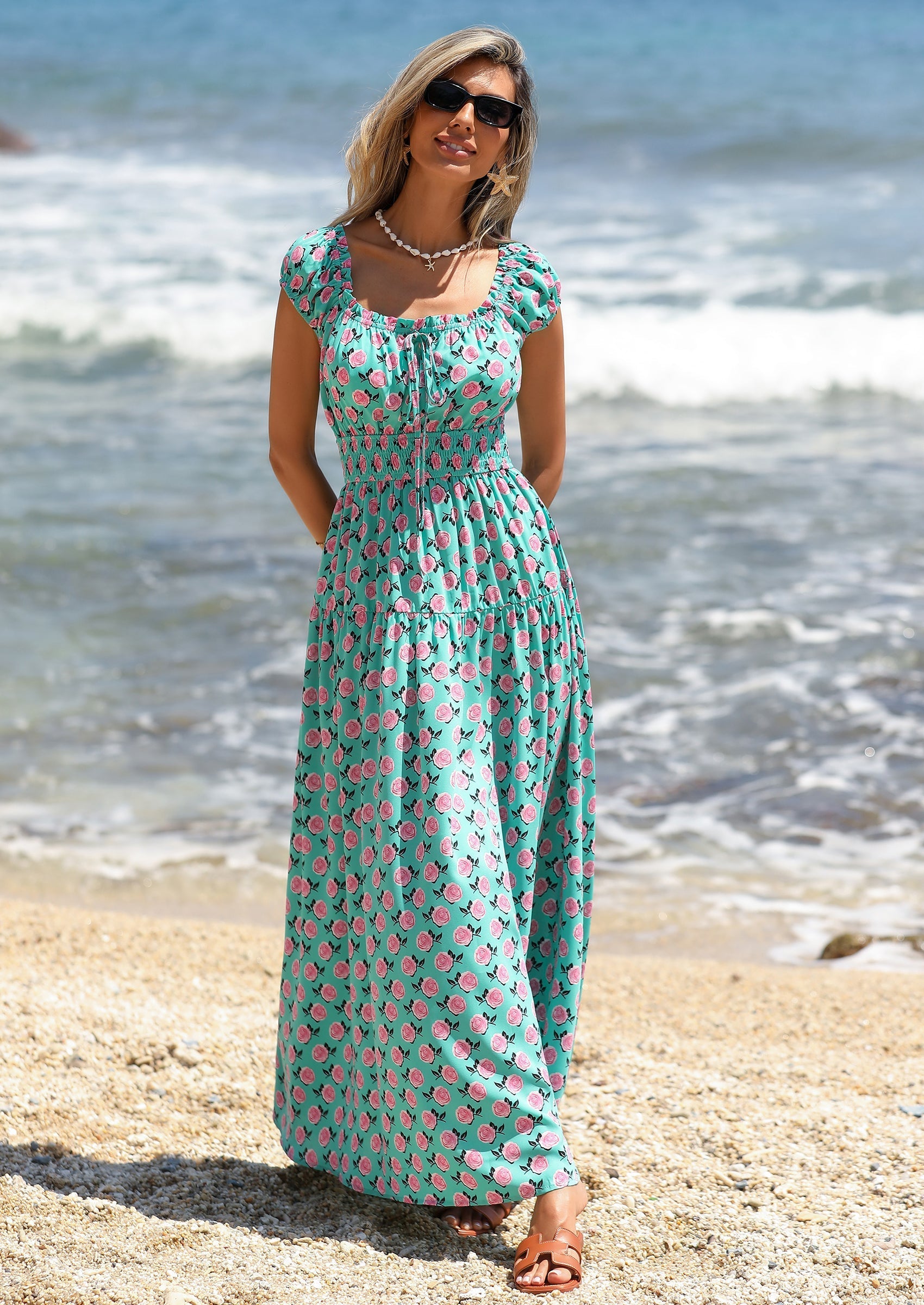 PRETTYGARDEN Women's Boho Maxi Dress Summer Cap Sleeve Long Flowy Beach Vacation Floral Sundresses Spring Resort Wear