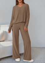 PRETTYGARDEN 2 Piece Lounge Sets for Women Fall Outfits Casual Loose Long Sleeve Tops Wide Leg Pants Matching Pajama Set