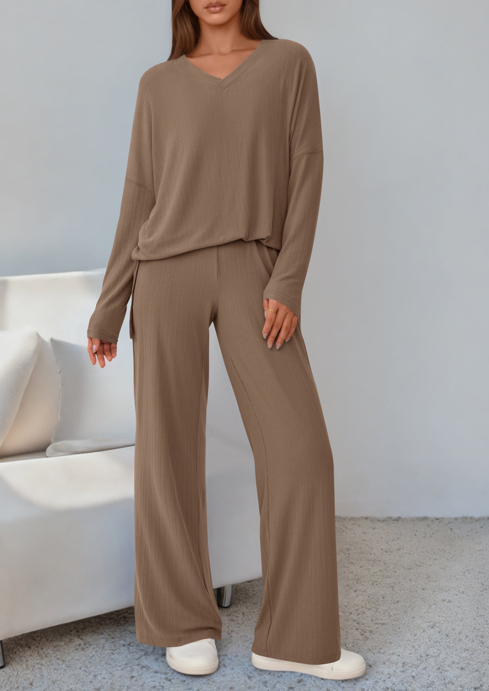 PRETTYGARDEN 2 Piece Lounge Sets for Women Fall Outfits Casual Loose Long Sleeve Tops Wide Leg Pants Matching Pajama Set